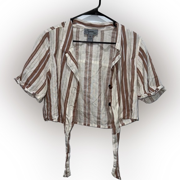 spoon jeans Tops - Spoon denim retro crop top tie front button up roll sleeve shirt red stripes